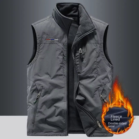 Men's casual heated vest by StorePilot, showing the black insulated vest with control buttons and ergonomic fit.