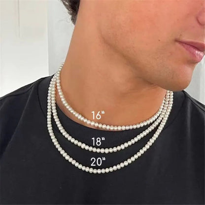 Elegant pearl necklace with multiple strands, featuring shiny white pearls, designed for versatile fashion, by StorePilot.