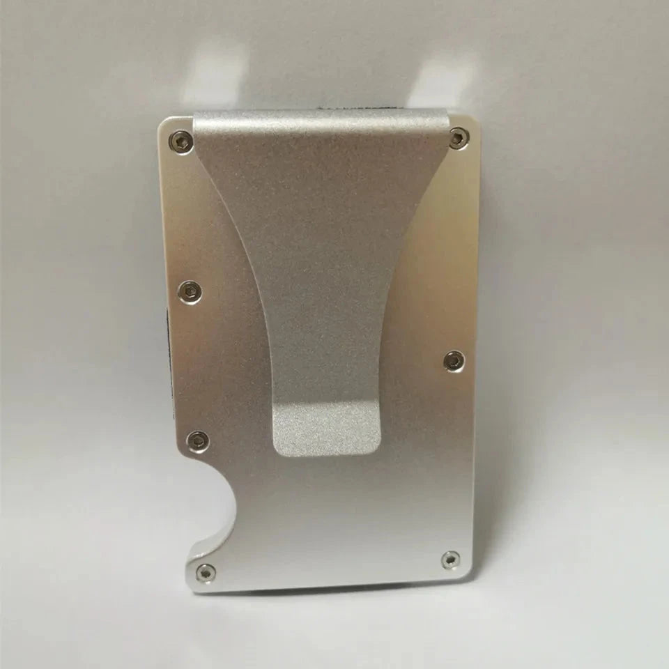 Minimalist RFID card wallet by StorePilot showing slim design with multiple card slots and RFID security features.