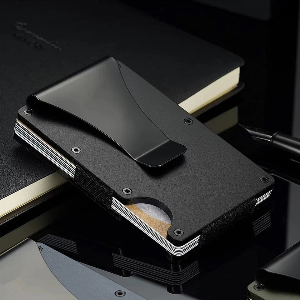 Minimalist RFID card wallet by StorePilot featuring sleek design and multiple card slots on smooth black material.