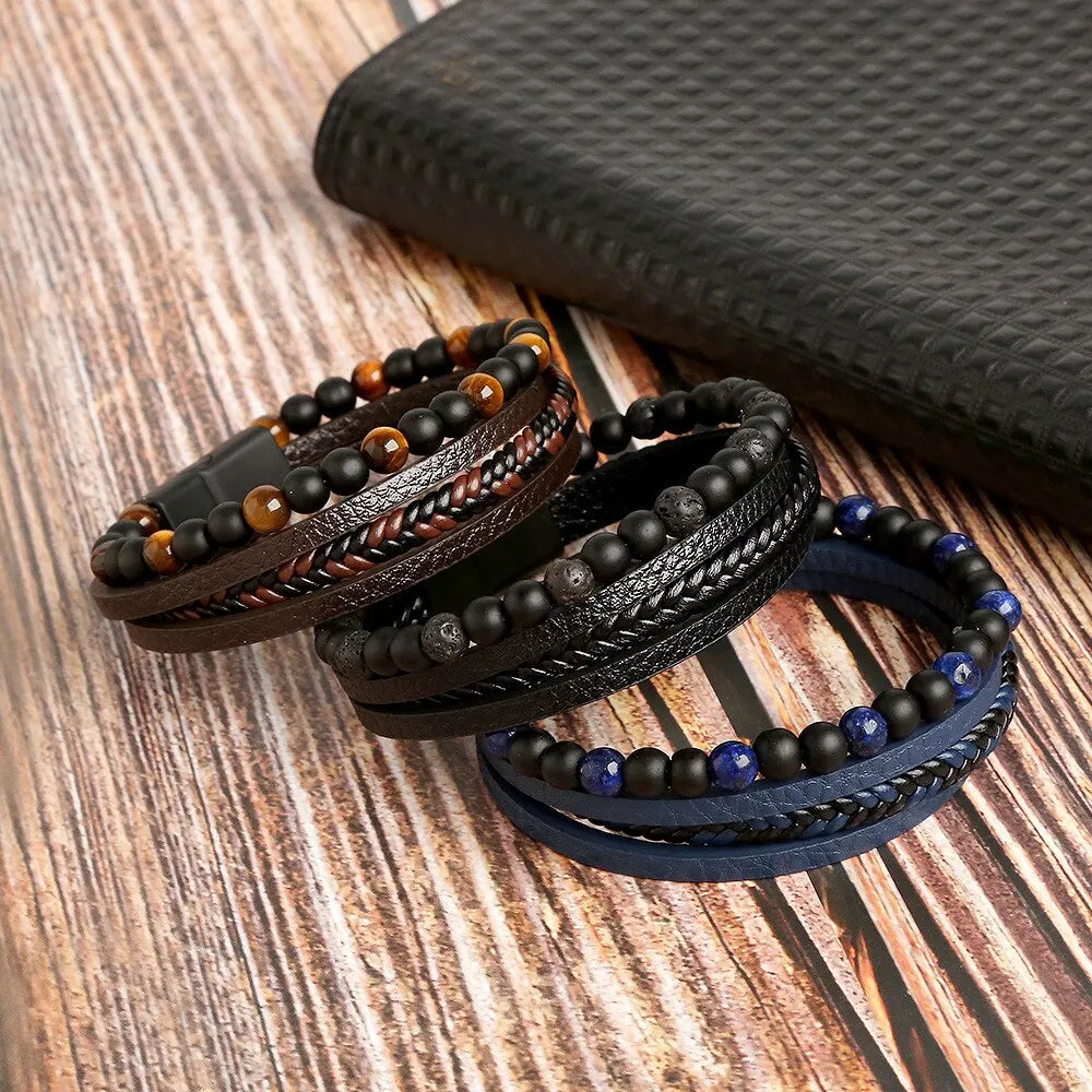 Tiger Eye leather wrap bracelet featuring natural stone beads and a stylish leather strap, designed for a bohemian look