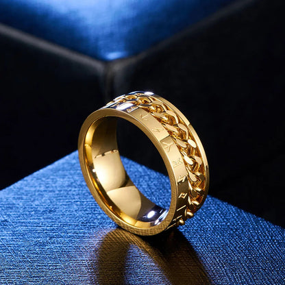 Men's Roman-style fidget spinner ring with intricate design, made by StorePilot, shown on a plain white background.