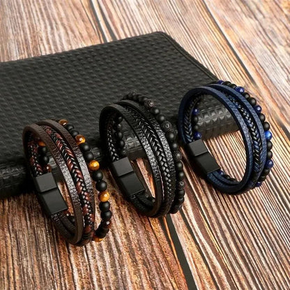 Tiger Eye leather wrap bracelet featuring natural stone beads and a stylish leather strap, designed for a bohemian look.