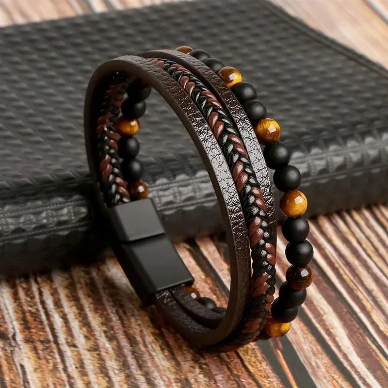 Tiger Eye leather wrap bracelet featuring natural stone beads and a stylish leather strap, perfect for boho or casual accessories.