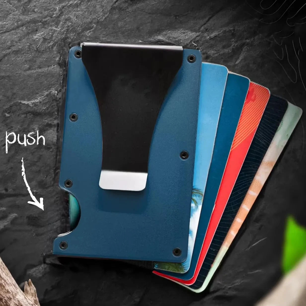 Slim StorePilot minimalist RFID card wallet with multiple card slots and sleek design, shown in black on a white background.