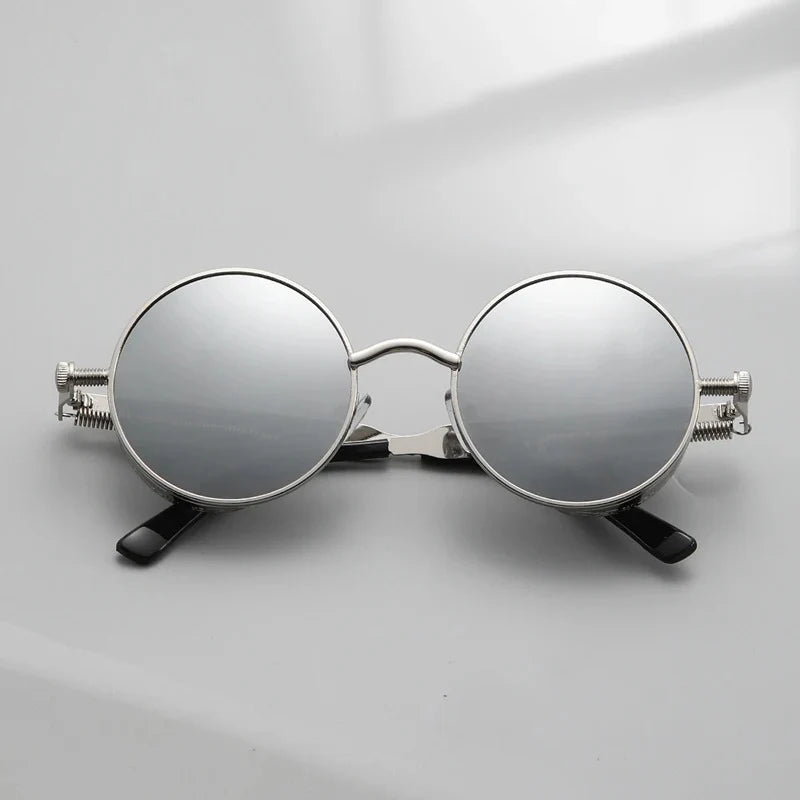 Steampunk metal round sunglasses with vintage-inspired frames and dark lenses, stylish eyewear by StorePilot.