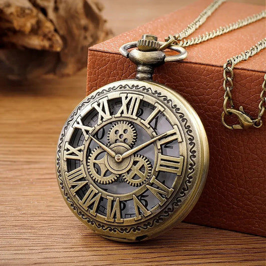 Vintage Steampunk Quartz Pocket Watch with intricate gear design and antique finish, showcasing the classic timepiece style.