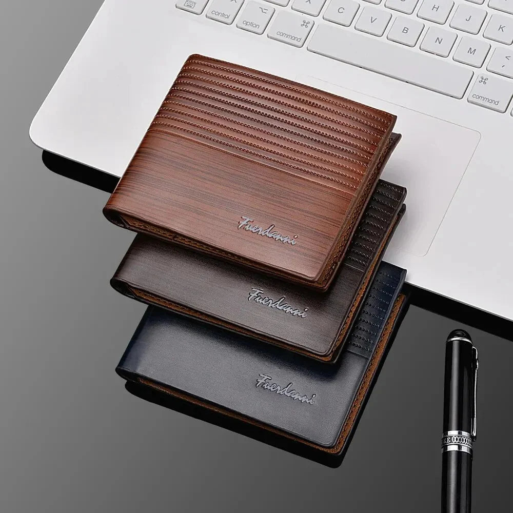 Men's black PU leather slim wallet by StorePilot, showing front view with card slots and sleek design.