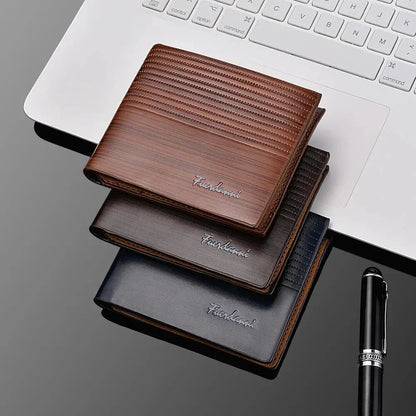 Men's black PU leather slim wallet by StorePilot, showing front view with card slots and sleek design.