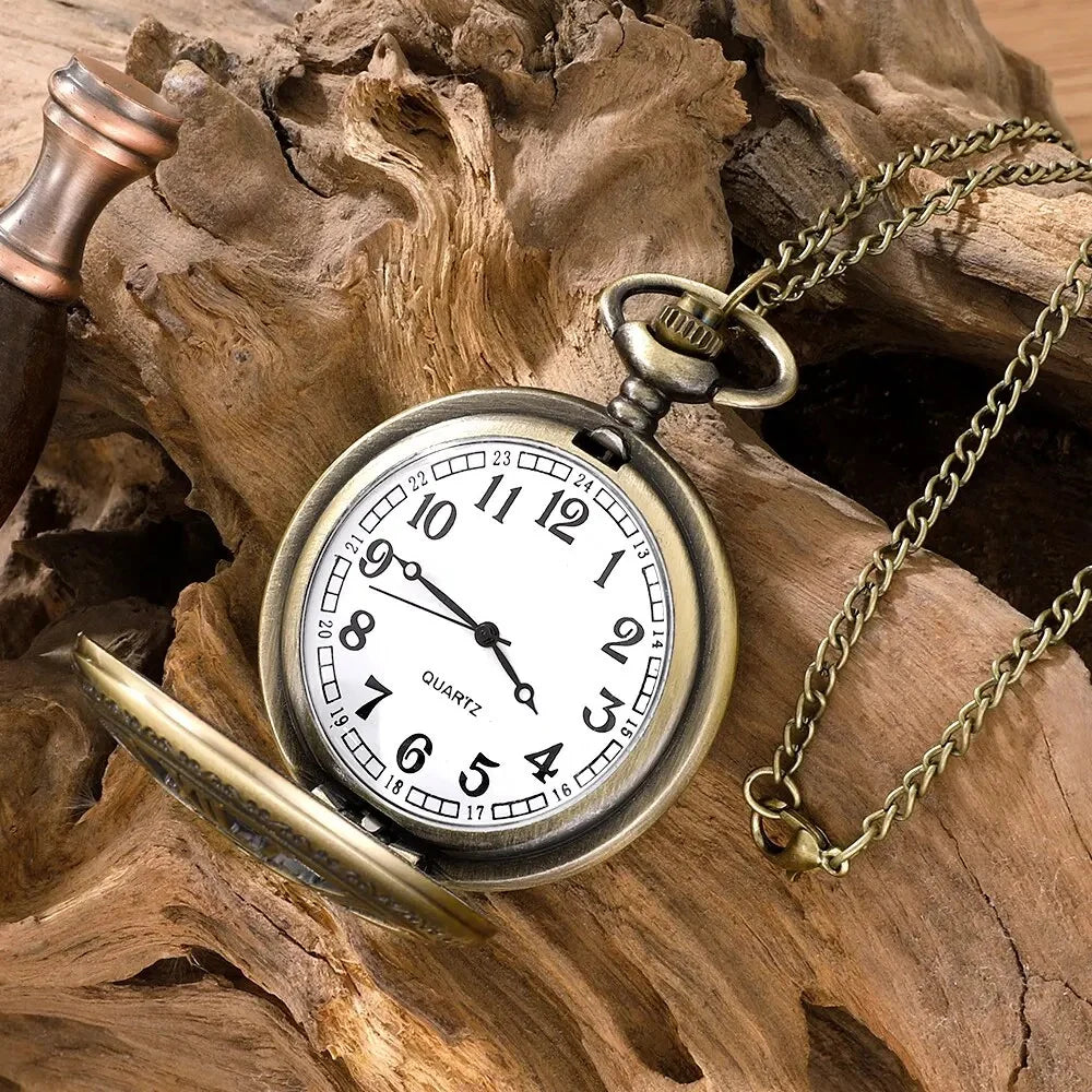 Vintage Steampunk Quartz Pocket Watch with intricate gear details and antique bronze finish, showcasing a classic and elegant design.