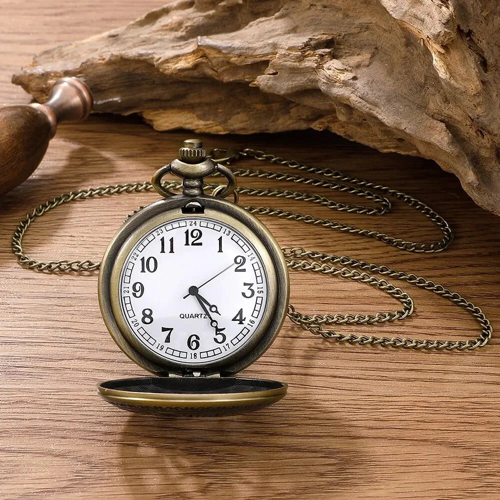 Vintage Steampunk Quartz Pocket Watch with intricate brass design, classic Roman numerals, and antique style, by StorePilot.