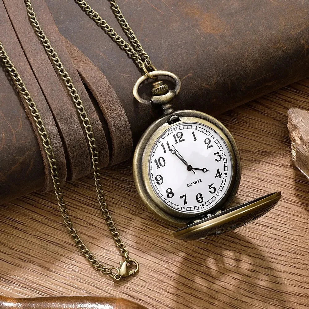 Vintage Steampunk Quartz Pocket Watch with intricate bronze casing and classic chain, showcasing detailed design and antique style.