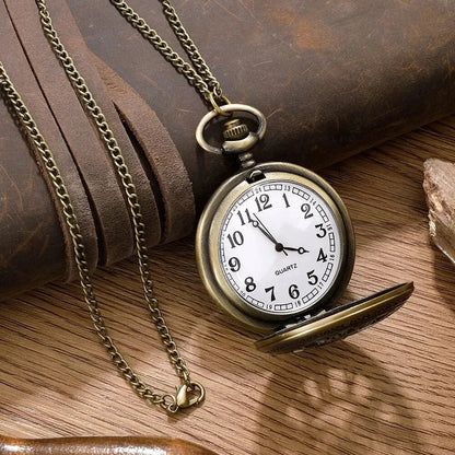 Vintage Steampunk Quartz Pocket Watch with intricate bronze casing and classic chain, showcasing detailed design and antique style.