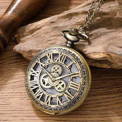 Vintage Steampunk Quartz Pocket Watch with intricate brass design and classic chain, showcasing detailed craftsmanship.